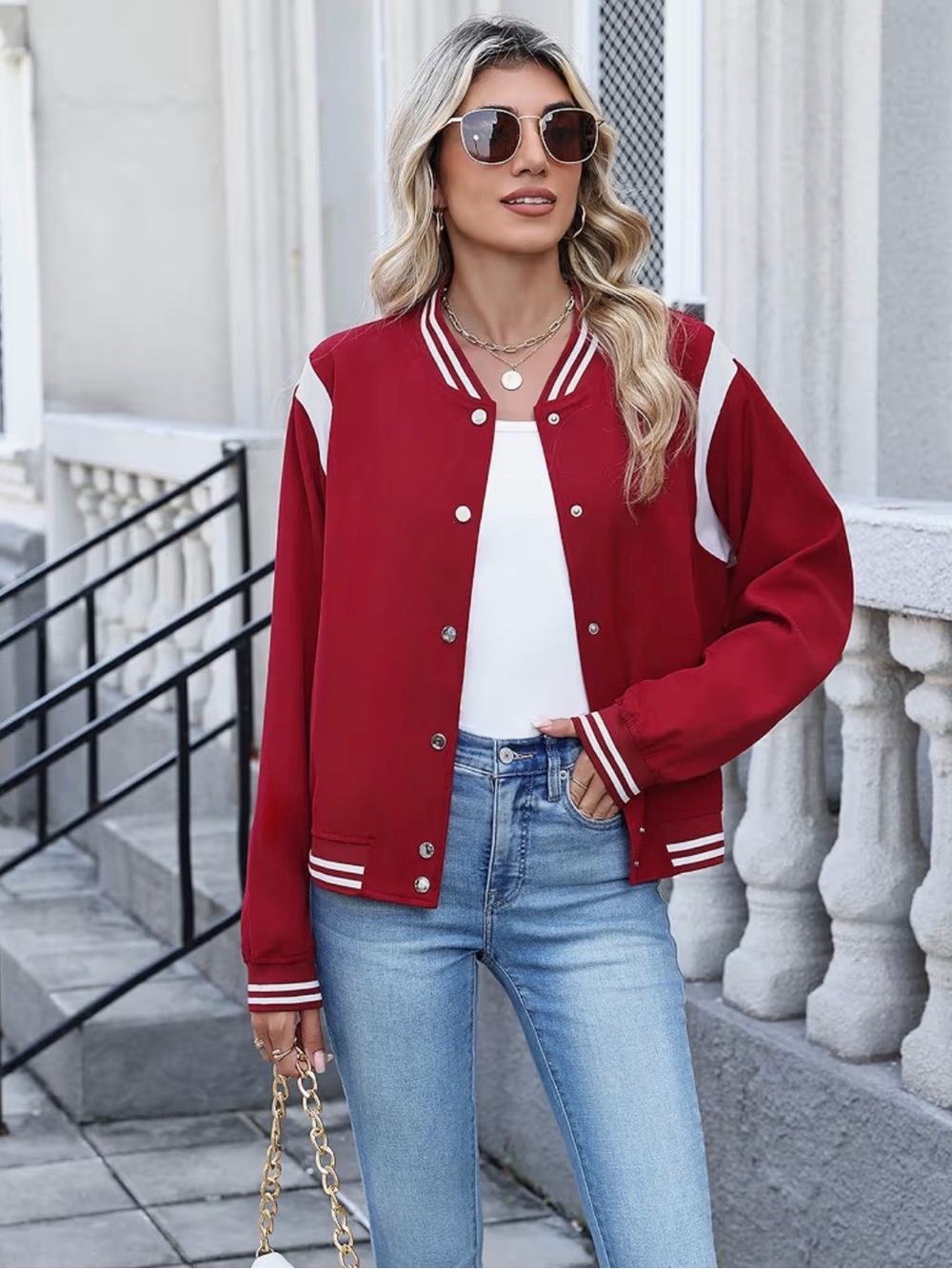 Casual Women's Red Varsity Jacket - thin, light weight.